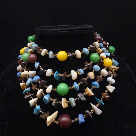 Vintage Colorful Japan Beaded Layered Necklace Multi Strand Shell Glass Plastic - Picture 9 of 9